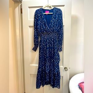 Lilly Pulitzer Christina Midi Dress Low Tide Navy Viscose Metallic Clip Dobby